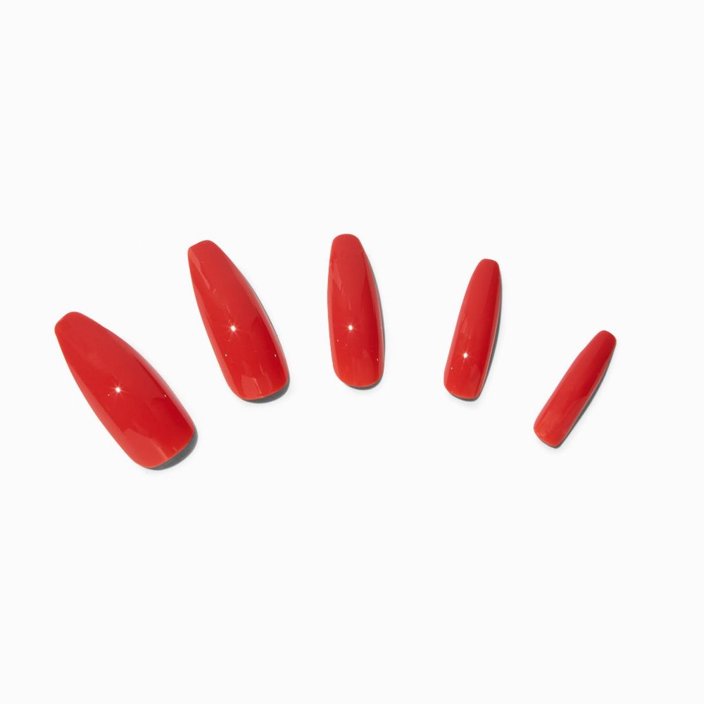 NEW GLOSSY RED XL COFFIN VEGAN FAUX NAIL SET - 24 PACK